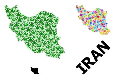 İran 'ın Renkli ve Yeşil Ot Yaprakları ve Katı Haritası Vektör Mozaik Haritası