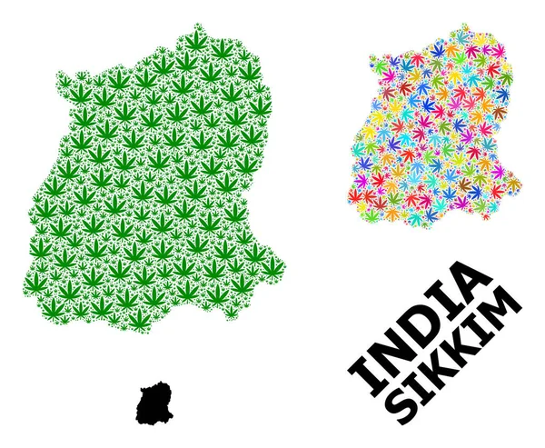 Wektorowa mapa mozaiki Sikkim Stan kolorowych i zielonych liści konopi i solidna mapa — Wektor stockowy