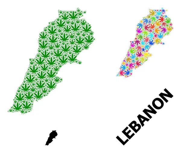 Psikedelik ve Yeşil Ot Yaprakları Lübnan Vektör Kolajı Haritası ve Katı Harita