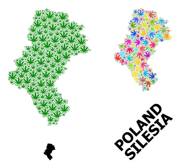 Silezya 'nın Renkli ve Yeşil Kenevir Yaprakları ve Katı Haritası Vektör Mozaik Haritası
