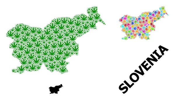 Slovenya 'nın Psikedelik ve Yeşil Baldıran Yaprakları ve Katı Haritası Vektör Mozaik Haritası