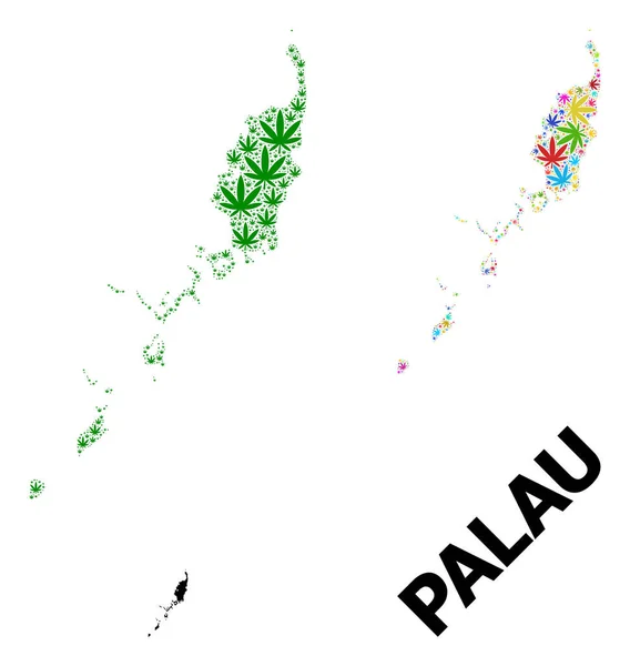 Vector Collage Kaart van Palau eilanden van gekleurde en groene hennepbladeren en stevige kaart — Stockvector