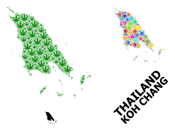 Vector Collage Mapa de Koh Chang de hojas de malezas coloridas y verdes y mapa sólido — Vector de stock