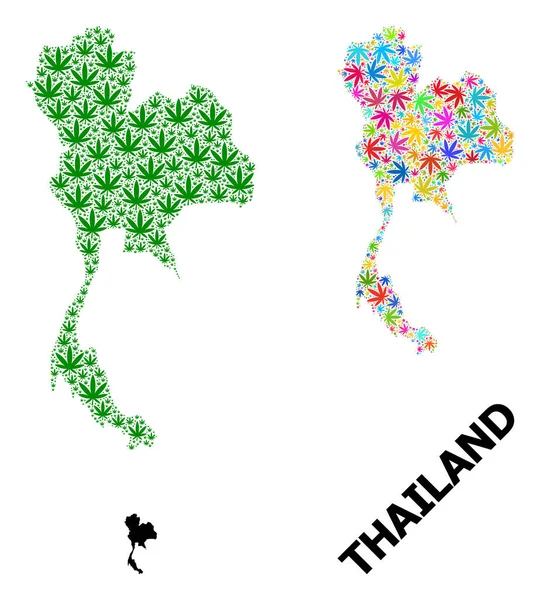 Vektor-Mosaik-Karte von Thailand mit psychedelischen und grünen Hanfblättern und solider Karte — Stockvektor