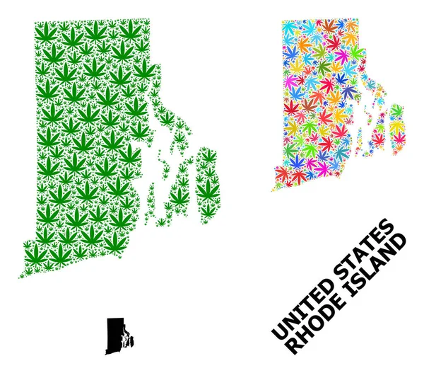 Mapa Vector Collage de Rhode Island Estado de Hojas de Marihuana Coloridas y Verdes y Mapa Sólido — Vector de stock