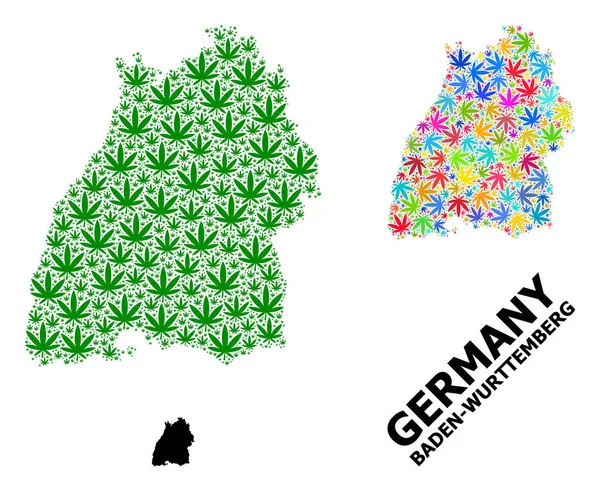Mapa mosaico vectorial de Baden-Wurttemberg Estado de hojas de cáñamo coloridas y verdes y mapa sólido — Vector de stock