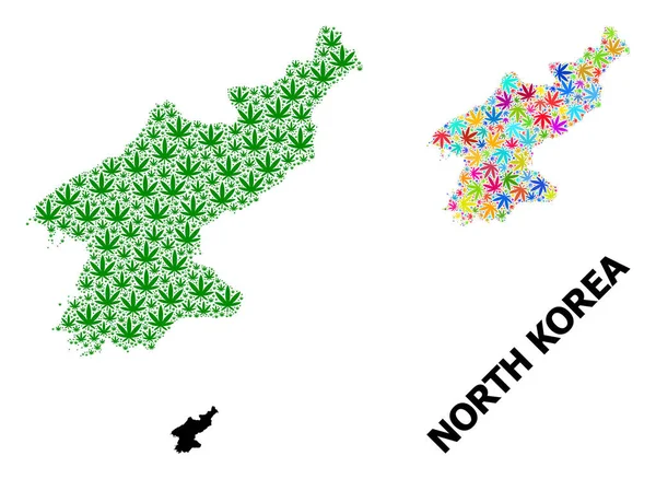 Mapa del mosaico vectorial de Corea del Norte de hojas de cáñamo brillantes y verdes y mapa sólido — Vector de stock