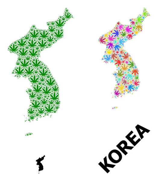 Vector Mosaic Map of Korea of Psychedelic and Green Weed Leaves and Solid Map — Stock Vector