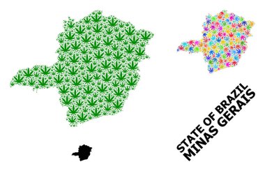 Minas Gerais Renkli ve Yeşil Marihuana Yaprakları ve Kolaj Haritası