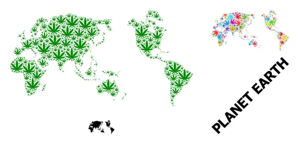 Vektormosaikkarte der Erde mit bunten und grünen Cannabisblättern und solide Karte — Stockvektor