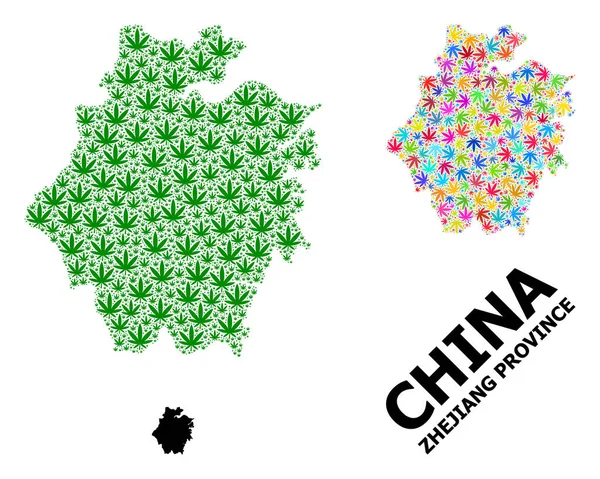 Wektorowa mapa mozaiki w prowincji Zhejiang Kolorowe i zielone liście chwastów i solidna mapa — Wektor stockowy