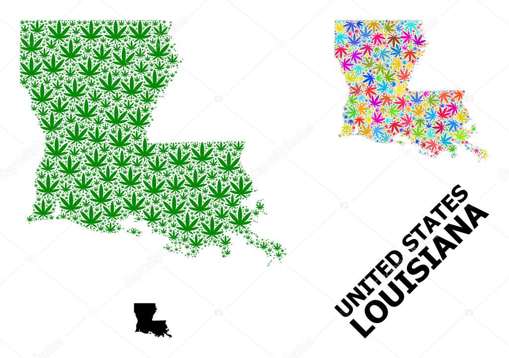 Vector Mosaic Map of Louisiana State of Colored and Green Weed Leaves and Solid Map