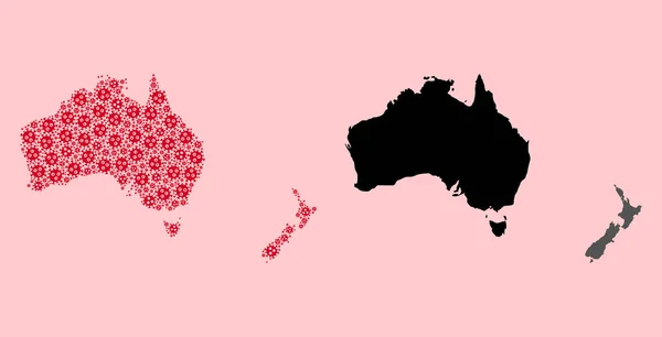 Carte vectorielle en mosaïque de l'Australie et de la Nouvelle-Zélande des parties du coronavirus et carte solide — Image vectorielle