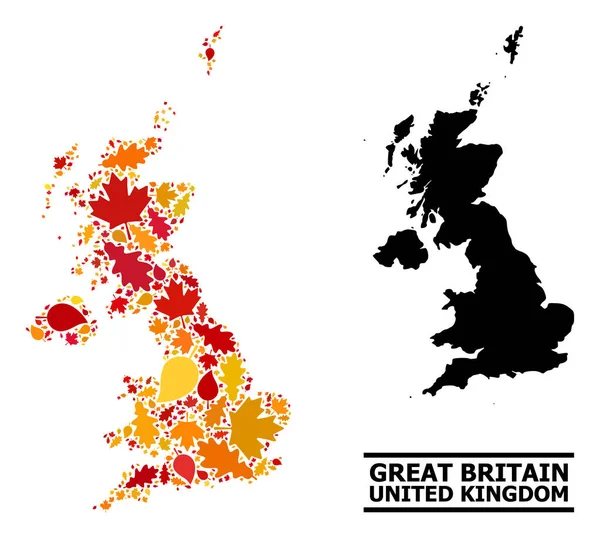 Hojas de otoño - Mapa de mosaico de Reino Unido — Vector de stock