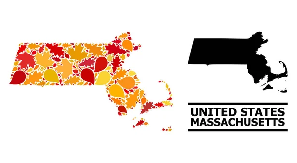 Hojas de otoño - Mapa mosaico del estado de Massachusetts — Vector de stock