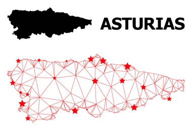 Asturias Eyaleti Çokgen Haritasını Kızıl Yıldızlarla Çerçevele