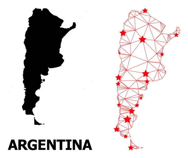 Hálózati Polygonal Map of Argentina with Red Stars — Stock Vector