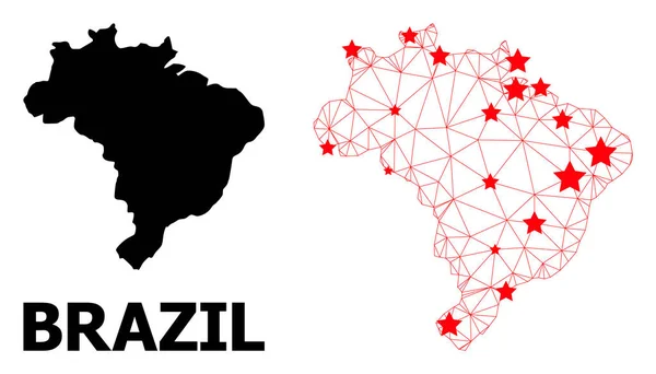 Wire Frame Polygonal Mapa Brazylii z czerwonymi gwiazdami — Wektor stockowy