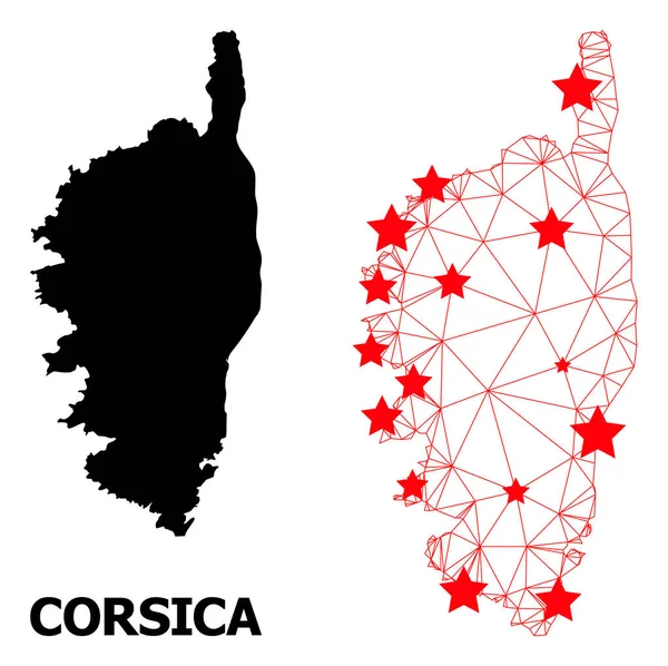 Carcasa Mapa Poligonal de Córcega con Estrellas Rojas — Vector de stock