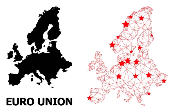 Síťová polygonální mapa Evropské unie s červenými hvězdami — Stockový vektor