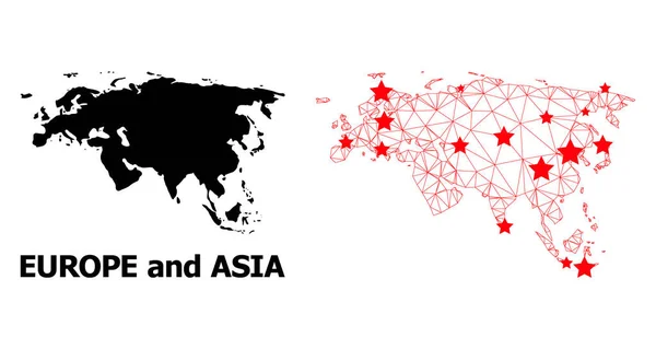 Nätverk Polygonal karta över Europa och Asien med röda stjärnor — Stock vektor