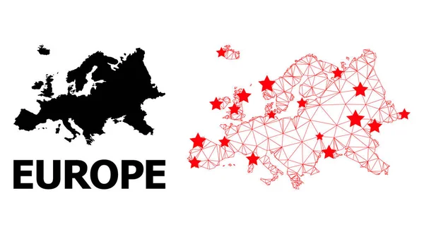 Nätverk Polygonal Karta över Europa med röda stjärnor — Stock vektor