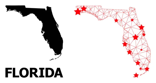 Draad Frame Polygonale Kaart van Florida State met Rode Sterren — Stockvector