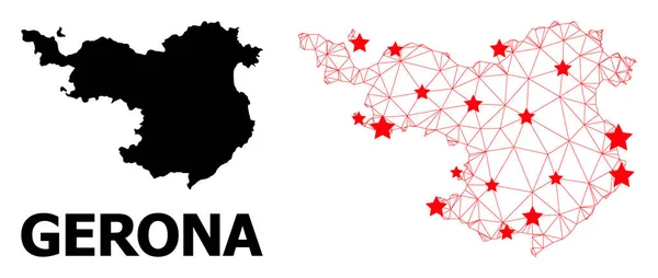 Mapa poligonal 2D de la provincia de Gerona con estrellas rojas — Vector de stock