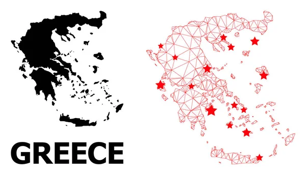 Mapa wielobocznej siatki Grecji z czerwonymi gwiazdami — Wektor stockowy