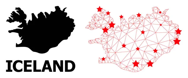 Каркасова полігональна мапа Ісландії з червоними зірками — стоковий вектор