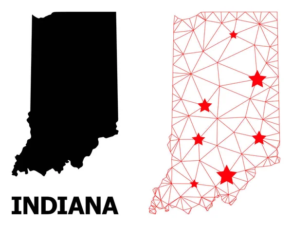 Rete Mappa poligonale di Indiana State con Red Stars — Vettoriale Stock