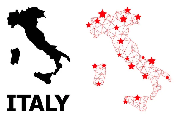 Carcass Mapa Poligonal de Italia con Estrellas Rojas — Vector de stock