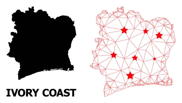 Carte polygonale 2D de la Côte d'Ivoire avec étoiles rouges — Image vectorielle