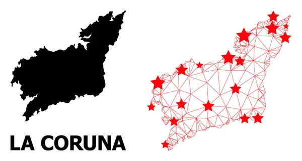 Mapa poligonal 2D de la provincia de La Coruña con estrellas rojas — Vector de stock