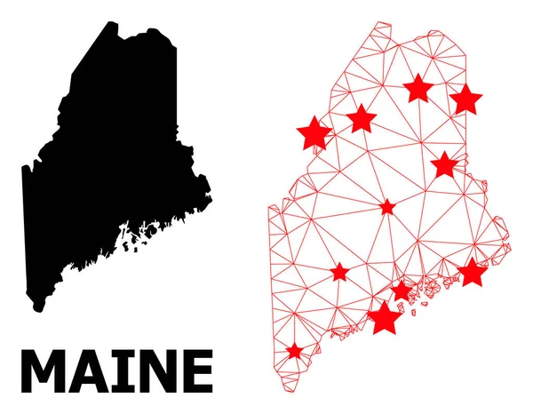 Mappa poligonale di rete dello stato del Maine con stelle rosse — Vettoriale Stock