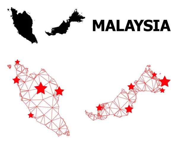 2D Polygonale kaart van Maleisië met rode sterren — Stockvector