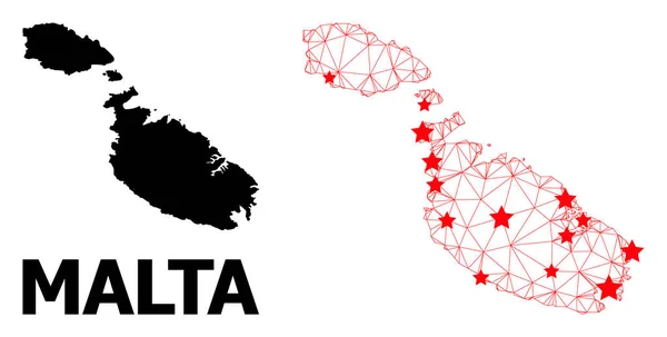 Mapa poligonal 2D de Malta con estrellas rojas — Vector de stock