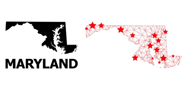Carcass Mapa poligonal del estado de Maryland con estrellas rojas — Vector de stock