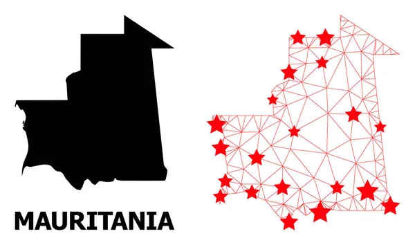 Carcass Mapa poligonal de Mauritania con estrellas rojas — Vector de stock