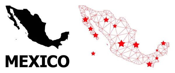 Carcass PolyMap of Mexico with Red Stars — 스톡 벡터
