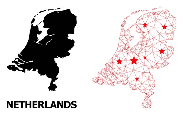 Carcass Mapa Poligonal de Holanda con Estrellas Rojas — Archivo Imágenes Vectoriales