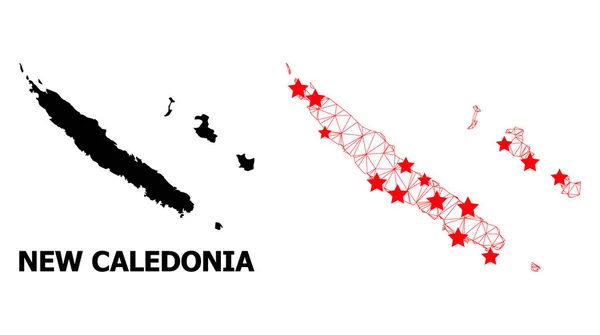 Nätverk Polygonal karta över Nya Kaledonien med röda stjärnor — Stock vektor
