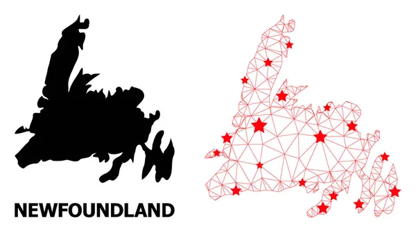 Mesh Polygonal Map of Newfoundland Island with Red Stars — Stock Vector