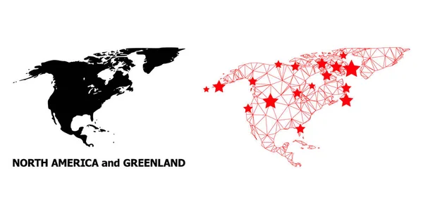 Mapa poligonal 2D de América del Norte y Groenlandia con estrellas rojas — Vector de stock