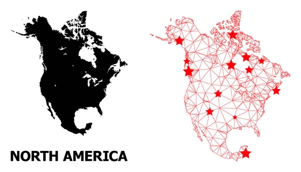 Mesh Polygonal Mapa Ameryki Północnej z czerwonymi gwiazdami — Wektor stockowy