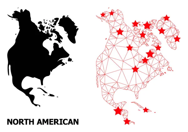 2D Polygonal karta över Nordamerika med röda stjärnor — Stock vektor