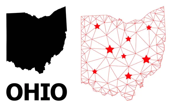 Carcass Polygonal Χάρτης της Πολιτείας του Οχάιο με κόκκινα αστέρια — Διανυσματικό Αρχείο