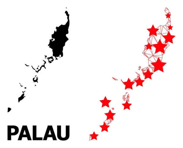 Draad Frame Polygonale kaart van Palau eilanden met rode sterren — Stockvector