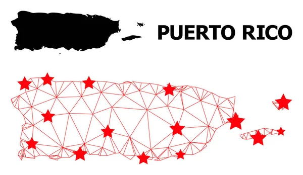 Mesh PolyMap of Puerto Rico with Red Stars — 스톡 벡터