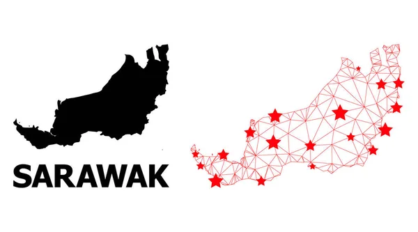 Mappa poligonale della carcassa di Sarawak con stelle rosse — Vettoriale Stock